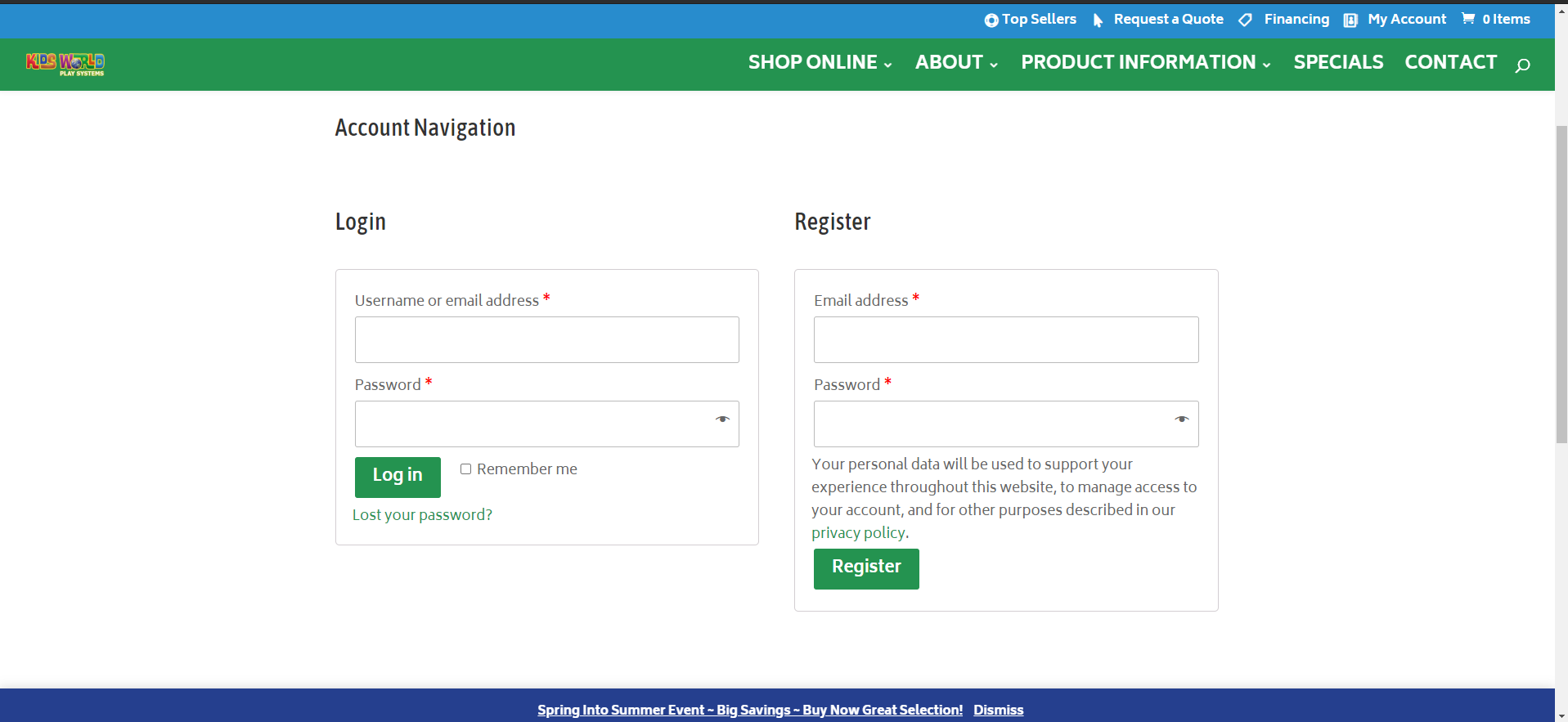 swing set retailer ecommerce web design